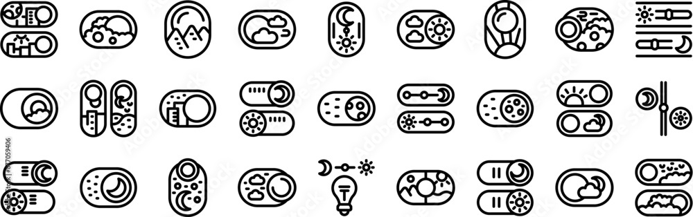 Poster night day mode icons set. line icons of toggle switch buttons featuring sun and moon phases for day 
