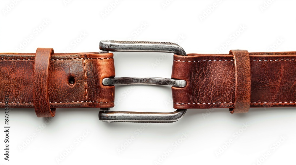 Poster a detailed view of a belt resting on a white surface, great for showcasing textures or using as a de