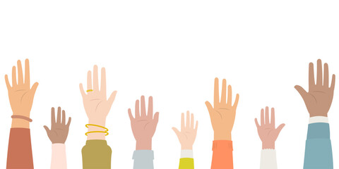 Hands of diverse people with colorful sleeves raising and showing palm of the hands in flat design
