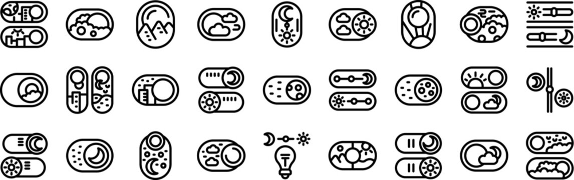 Night day mode icons set. Line icons of toggle switch buttons featuring sun and moon phases for day and night mode settings