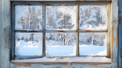 Naklejka premium A rustic window covered in delicate frost designs, providing a clear view of a peaceful, snow-covered winter landscape. The aged frame adds character and charm.
