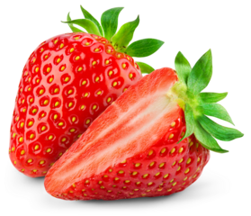 Strawberry on transparent background. PNG format. Strawberry with a half isolated png. Two sliced strawberries with no background. Full depth of field.