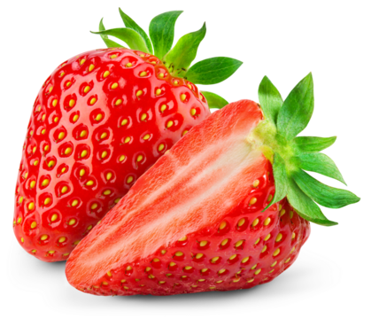 Strawberry on transparent background. PNG format. Strawberry with a half isolated png. Two sliced strawberries with no background. Full depth of field.