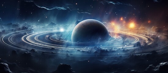A Planet With Rings In A Starry Galaxy
