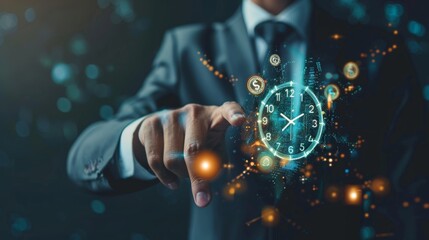 Efficient time management  virtual clock and money icons for productivity and reduced work hours