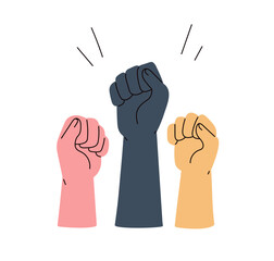 Fists raised up, protest. Hands fighting and struggling for human rights, freedom. Empowerment equality gesture. Revolution concept. Power symbol. Flat vector illustration isolated on white background