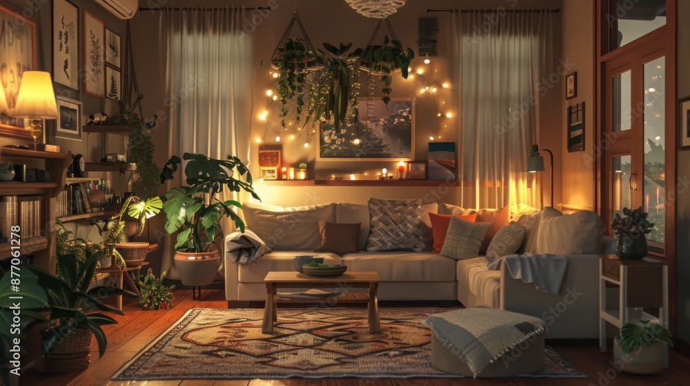Poster a living room is decorated with string lights and plants, creating a warm and inviting atmosphere. t
