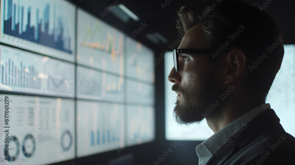 Poster close up of a businessman in glasses analyzing data on multiple large screens in a modern, dimly lit