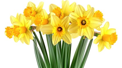 Obraz premium A bouquet of cheerful yellow daffodils with green stems, isolated on a white background.