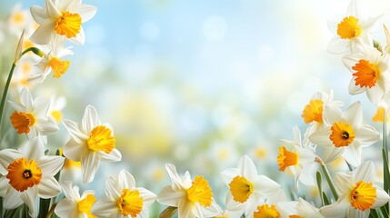 A field of white and yellow daffodils bloom in the springtime sun.  The bright flowers create a cheerful, fresh image.  A beautiful background for spring celebrations.