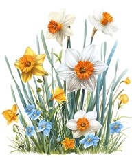 Fototapeta premium A vibrant bouquet of daffodils and bluebells in full bloom, set against a white background. The flowers are a cheerful yellow and white, with green leaves and stems.