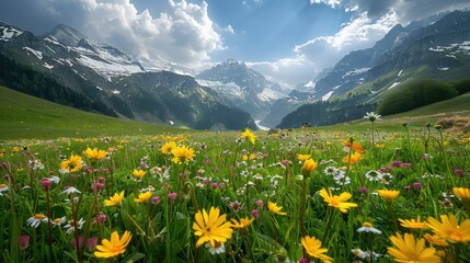 Obraz premium Idyllic mountain landscape with blooming meadows in summer springtime