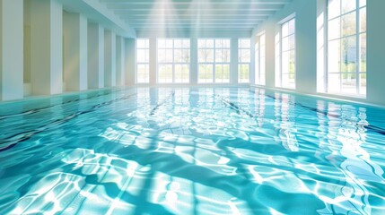 Sunlit indoor swimming pool with crystal clear water and reflections in a modern sport facility relaxing and rejuvenating atmosphere concept