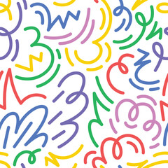 Abstract drawing doodle seamless pattern. Creative squiggle color lines. Trendy colorful background.