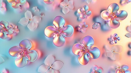 Colorful pastel iridescent flowers background with gentle blossoms and abstract floral elements spring concept
