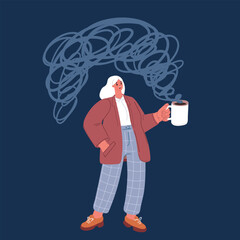 Carton vector illustration of Girl holding white coffee mug over dark background.