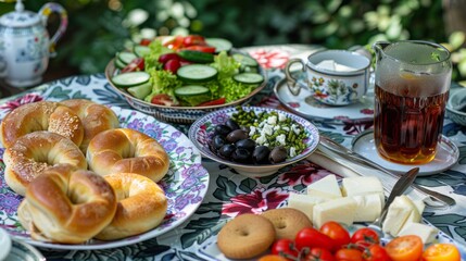 Outdoor Table Setting With Bread, Salad, and Tea