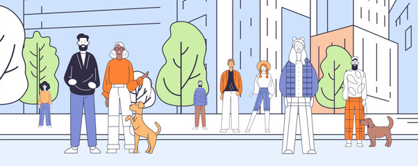 Diverse group of people with pets in urban park setting surrounded by buildings and trees modern flat design