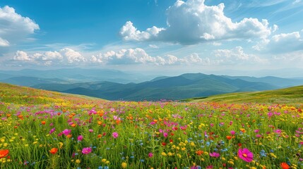 Idyllic mountain landscape with blooming meadows in summer springtime