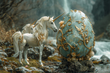 Experience the enchantment of a unicorn's birth, as the mystical creature gracefully emerges from a glowing golden egg, heralding a new dawn of magic.