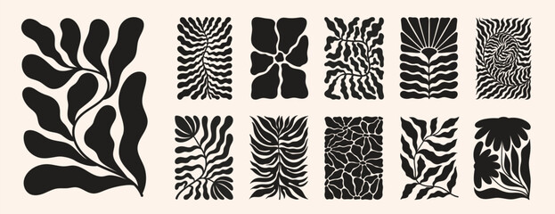 Groovy abstract flower posters. Floral doodle naive patterns. Contemporary matisse style. Trendy vector set.