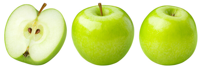 Apple isolated png. Green apple set with a half on transparent background. PNG format. Green apple collection with no background. Full depth of field.