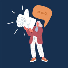 Carton vector illustration of Happy woman holding social media like button over dark background.