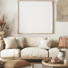 Frame & Poster mock up in living room. Scandinavian interior. 3d rendering, 3d illustration