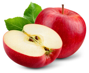 Red apple isolated png. Whole apple and a half with leaves on transparent background. PNG format....