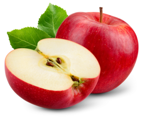 Red apple isolated png. Whole apple and a half with leaves on transparent background. PNG format. Red apples with no background. Full depth of field.