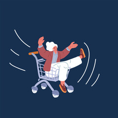 Carton vector illustration of girl riding cart over dark background.