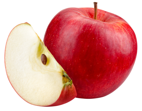 Apple isolated png. Red apple and a slice on transparent background. PNG format. Red apples with no background. Full depth of field.