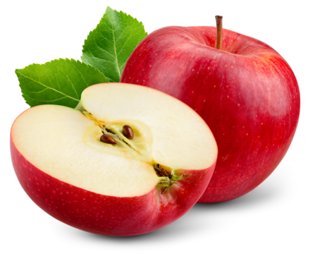 Red apple isolated png. Whole apple and a half with leaves on transparent background. PNG format. Red apples with no background. Full depth of field.