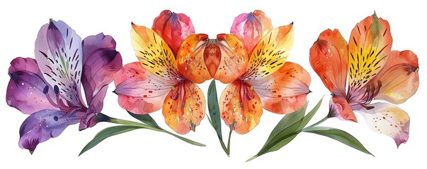 Watercolor painting of colorful alstroemeria flowers.