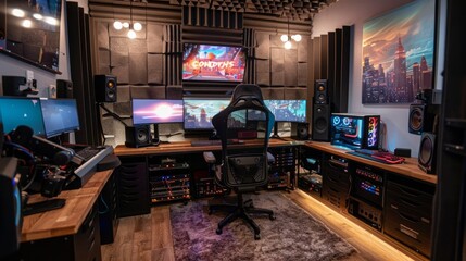 A gaming setup with three monitors, a custom PC, and soundproofing.