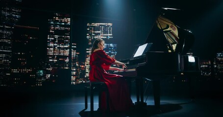 Classical Piano Concert: Under the Spotlight, Young Female Pianist Delivering a Powerful Performance on the Grand Piano. Elegant Stage Setting with Downtown Skyscrapers Backdrop Complements Her Music