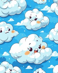 Seamless pattern of cute cartoon clouds on a blue sky background.