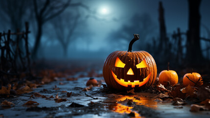Picture of Halloween holiday. Orange pumpkins, bats and different scary decorations