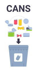 Cans waste sorting concept illustration showing various cans and lids being disposed into a recycling bin with a can symbol on it