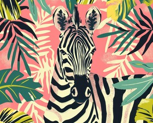 Zebra among tropical plants and leaves on pink background exotic wildlife in a lush paradise