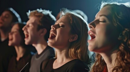 A group of people singing together in harmony, great for music or community related uses