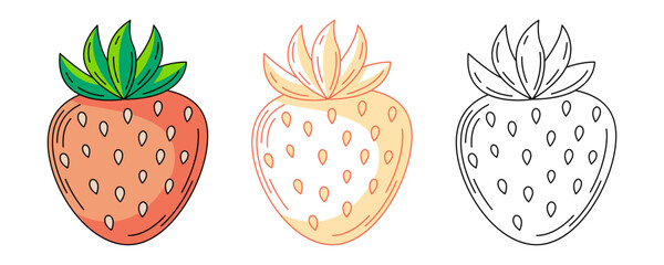 Strawberry, colorful and line icons set. Summer food, vector outline icon, monochrome and color illustration. Ripe berry, summertime. For logo, sticker, coloring book, label