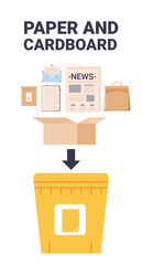 Paper and cardboard waste sorting concept Various paper items like newspaper notebook and envelope being sorted into a yellow recycling bin