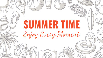 Summer minimalist horizontal banner, beach accessories, monochrome gray icons. Round border frame, copy space, isolated on white. Summertime, enjoy every moment. For poster, flyer, card, invitation