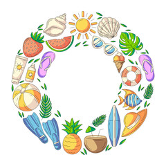 Summer holiday elements in round shape frame. Square card, colorful beach accessories icons isolated on white, space for text in the middle. For poster, flyer, banner, invitation, social media.
