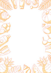 Summer minimalist vertical a4 poster, beach elements and accessories icons, monochrome orange. Round border frame, copy space, isolated on white. For card, flyer, banner, invitation, social media