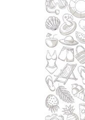 Summer minimalist vertical a4 poster, beach elements and accessories icons, monochrome gray. Right side border frame, copy space, isolated on white. For card, flyer, banner, invitation, social media