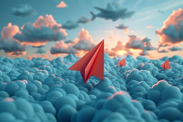 In a symbolic representation of business challenges, red paper plane and white paper plane attempt to drive fly business together in the sky, highlighting a sense of hopefulness.