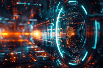 A futuristic sci-fi scene with glowing lights, suitable for use in presentations, advertisements, or as a decorative image