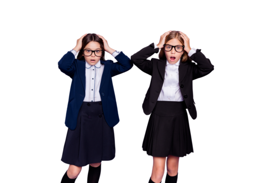 Portrait of frustrated beautiful girls touch hands head negative reaction wear eyeglasses eyewear jacket isolated over purple violet background